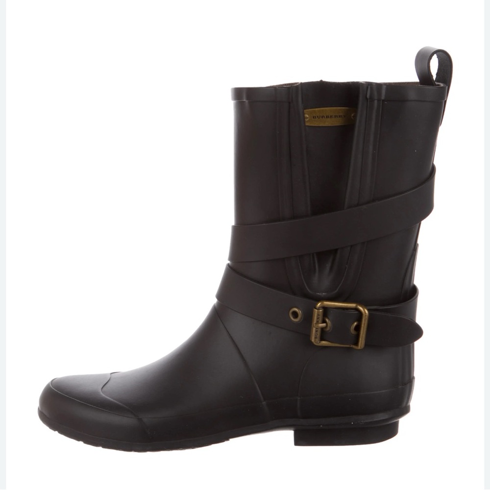 Dark Brown Mid-Calf Quilted Rain Boots with Buckle